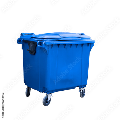 Blue plastic trash container on wheels isolate on a white background.