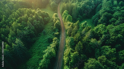  An aerial shot of a train track amidst a dense green forest, bathed in sunlight filtering through the treetops