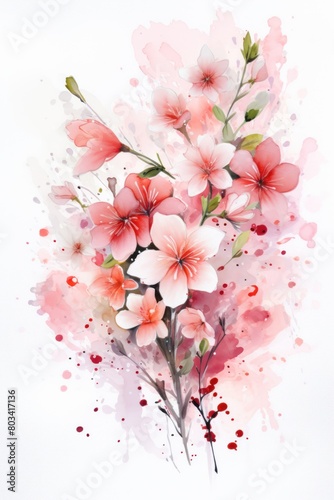 A watercolor painting of a bouquet of pink and red cherry blossoms on a white background with paint splatters.