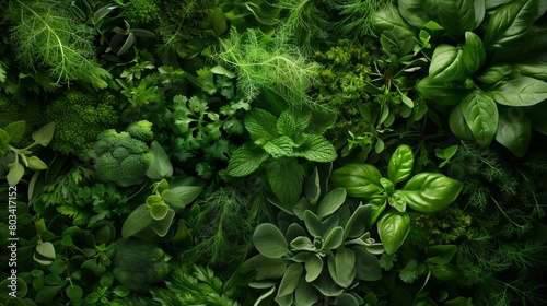 A lush, vibrant image showcasing a variety of fresh, green kitchen herbs and vegetables.