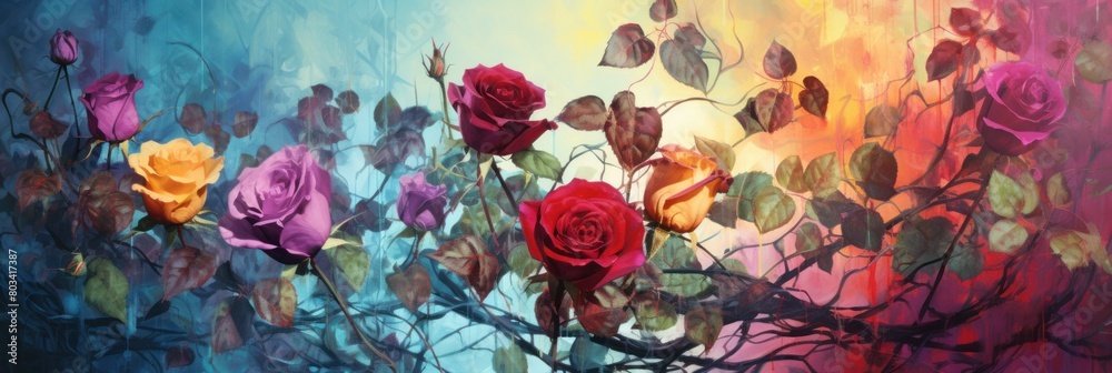 Background with red yellow purple roses on blue and yellow gradient background