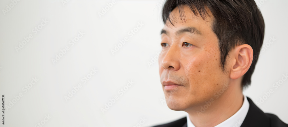 Side profile of a focused asian businessman in a black suit, exemplifying professionalism and determination with a clean white background perfect for corporate and career-oriented design elements Side profile of a focused asian businessman in a black suit, exemplifying professionalism and determination with a clean white background perfect for corporate and career-oriented design elements