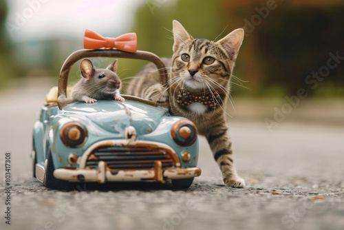 A cat wearing a bowtie and driving a miniature convertible car with a mouse as the passenger.