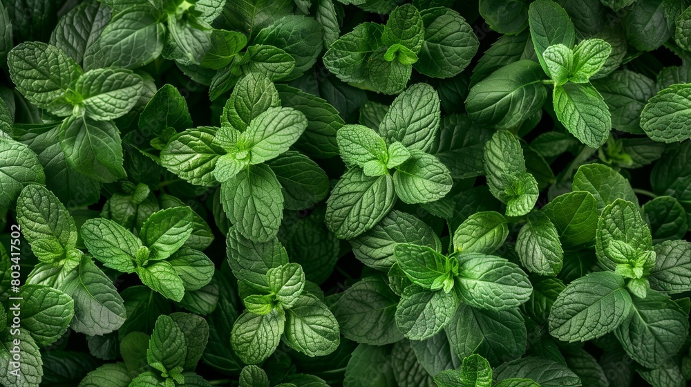 Close-up view of a lush, green cluster of fresh mint leaves, featuring detailed textures. Close-up view of a lush, green cluster of fresh mint leaves, featuring detailed textures.