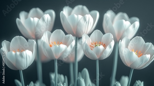 A group of white flowers with orange centers are shown, AI