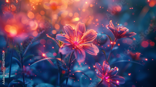 A colorful flower garden with a bright blue sky in the background