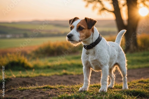 full body of Parson Russell Terrier dog on blurred countryside background  copy space