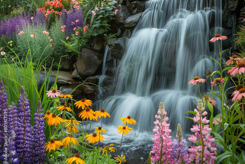 A cascading waterfall surrounded by colorful wildflowers, creating a serene and picturesque scene.