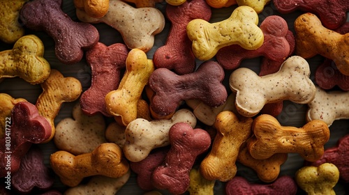 Close-up view of colorful bone-shaped dog biscuits in various flavors scattered on a surface.