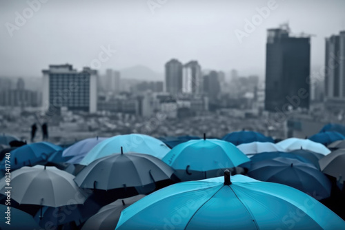 Crowd of individuals standing under umbrellas in heavy rain
