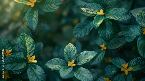 A close up of green leaves with yellow flowers