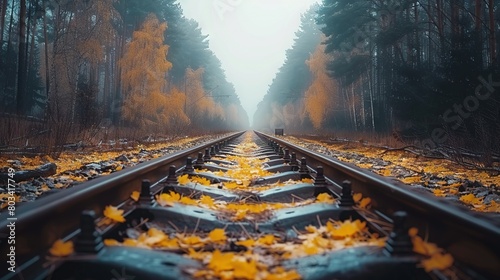   Train track in forest, yellow leaves, person on far end