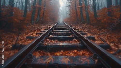   A forest train track, with leaves scattered on the ground, leads to an illuminated endpoint photo