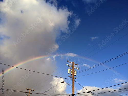 Vibrant Rainbow Peeks Through Clouds Above Power Lines On A Clear Day