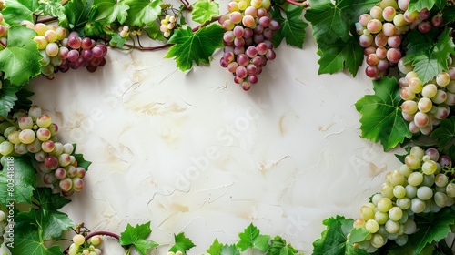 Fresh grape clusters with various colored fruits and green leaves on a textured, off-white background. photo