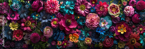 Several flowers, in various colors, are arranged and affixed to a wall in a decorative display photo