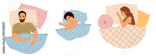 Peaceful people sleeping enjoying sweet dreams in comfortable bed top view isolated scene set. Comfort rest and recuperation vector illustration
