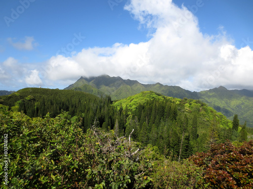 Verdant Mountain Range Under Partly Cloudy Skies in a Lush Tropical Landscape