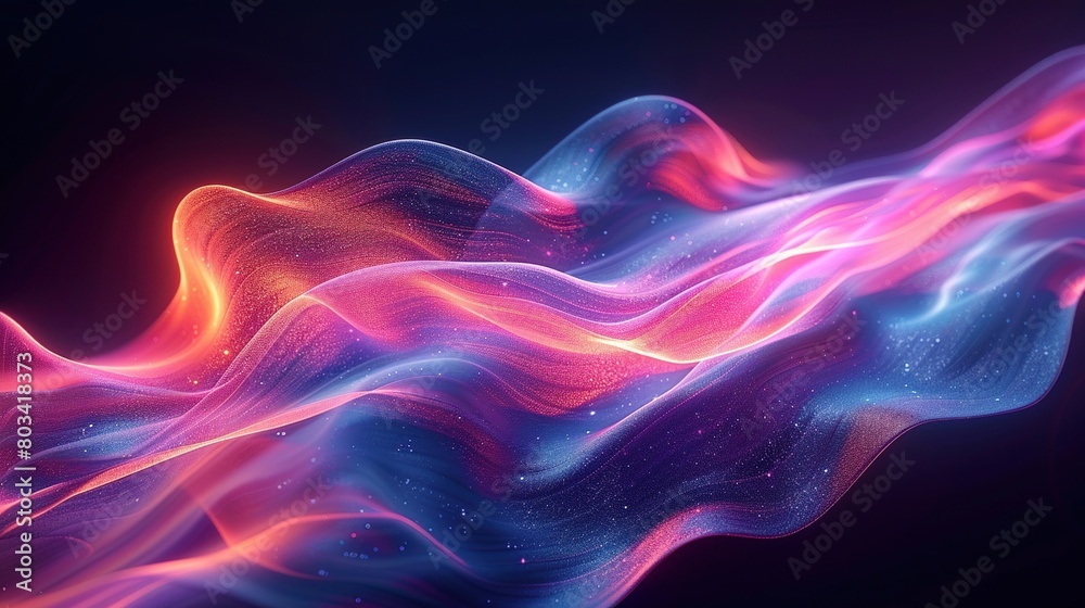 A holographic abstract 3d render of colorful neon curved waves on a moving dark background.