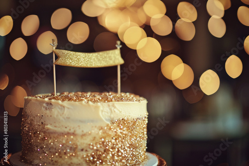 A mesmerizing shot of a decadent birthday cake adorned with a golden banner, bringing a touch of sparkle to the special occasion.