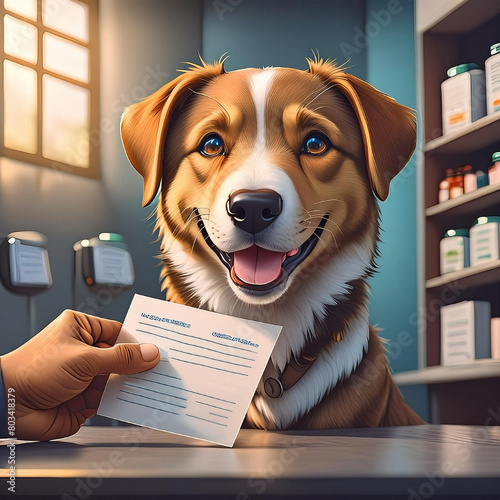 Happy smiling dog at veterinary clinic, looking at card with lab results: No ticks. No fleas. And you are NOT the father!