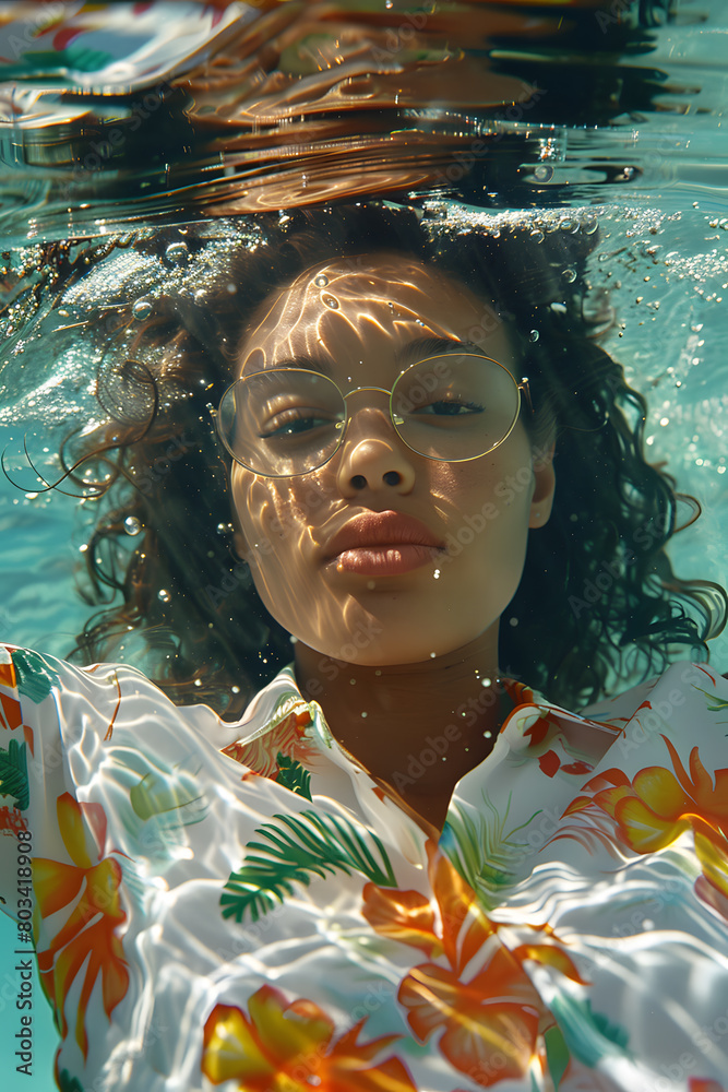 a woman in a hawaiian shirt is swimming underwater in a pool