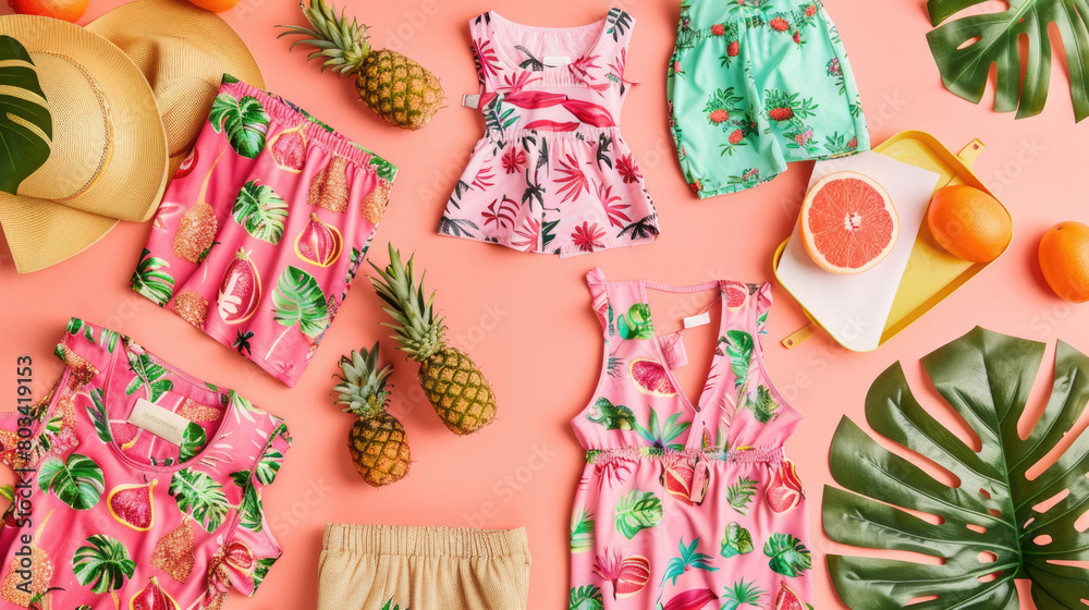 Various pieces of clothing alongside different types of fruit arranged neatly on a soft pink background