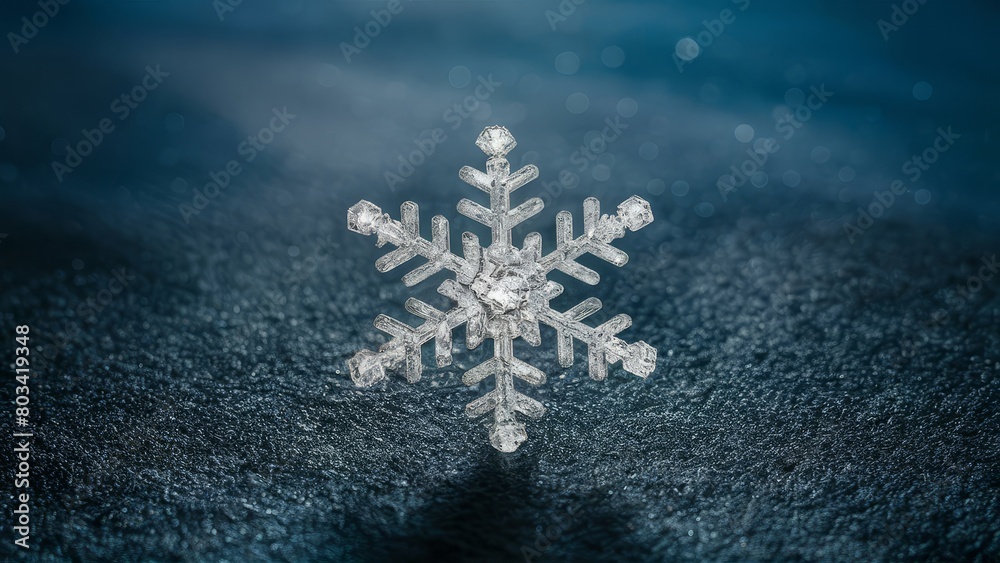 Macro photo of a dig beautiful crystal snowflake on dark ground at night Macro photo of a dig beautiful crystal snowflake on dark ground at night