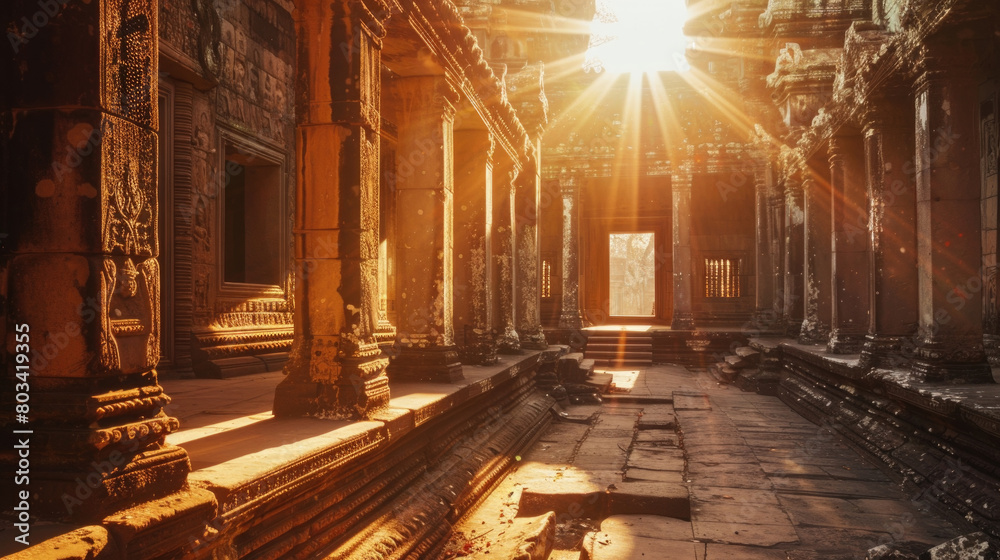 Sunlight streams through the windows of a building, casting bright beams of light onto the interior space