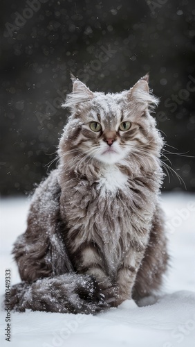 Beautiful gray striped fluffy sad cat in the snow
