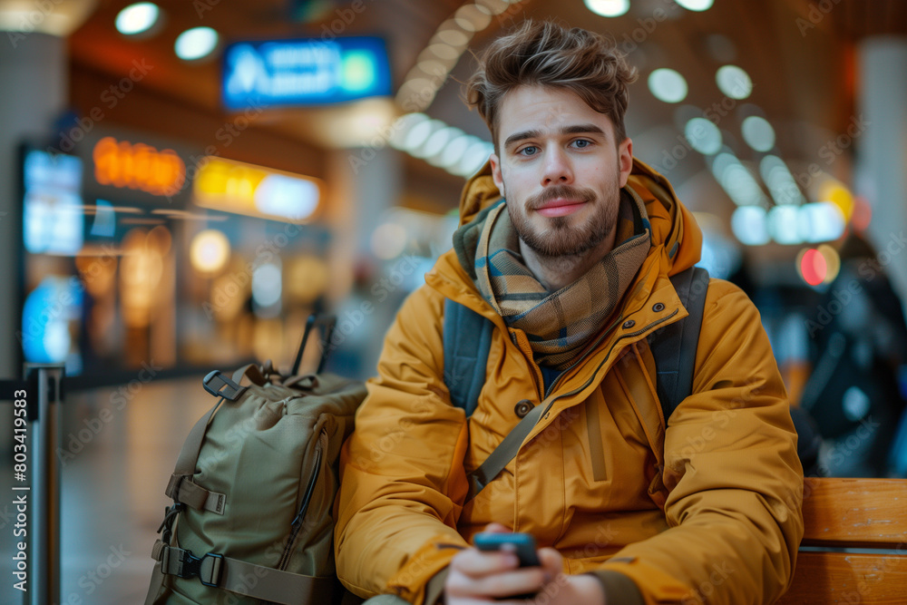 Young Man Using Smartphone While Waiting in a Busy Airport Terminal During Evening Hours