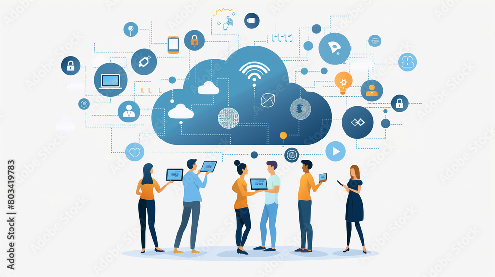 Cloud computing concept with professionals collaborating, featuring data security, connectivity, and digital transformation icons. Cloud computing concept with professionals collaborating, featuring data security, connectivity, and digital transformation icons.