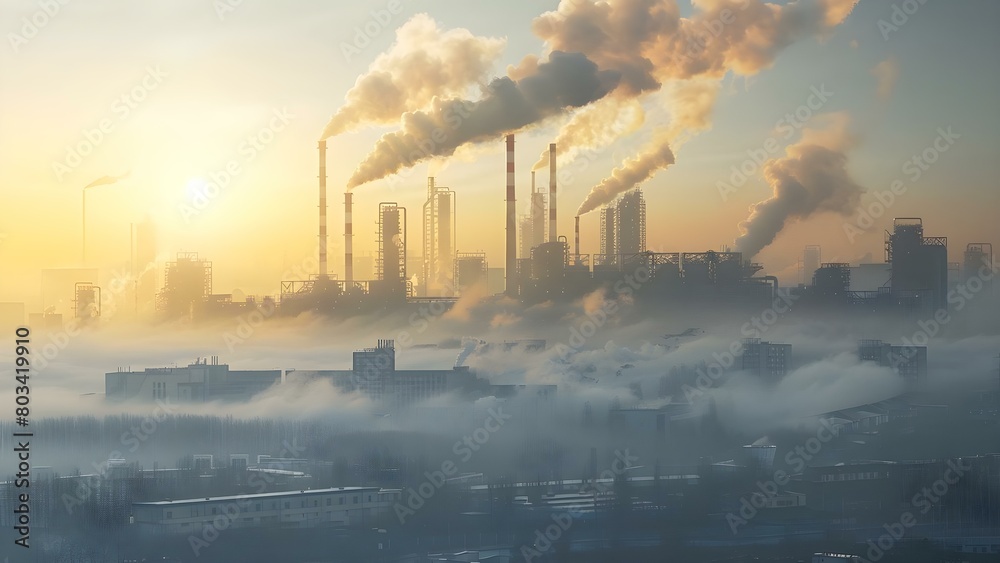 Impact of a large factory emitting harmful smoke on environmental pollution. Concept Air Pollution, Industrial Emissions, Environmental Impact, Factory Smoke, Public Health
