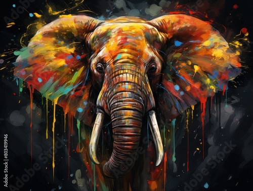 Elephant head on a black background with multi-colored splashes and smudges of oil paint © Neuraldesign