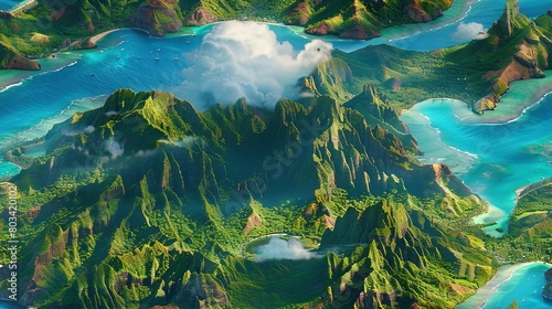   A stunning aerial shot of a tropical island  displaying crystal-clear blue water surrounded by verdant foliage in the foreground and billowing clouds overhead
