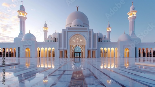 Beautiful view of a grand white mosque with multiple domes and minarets during sunrise. photo