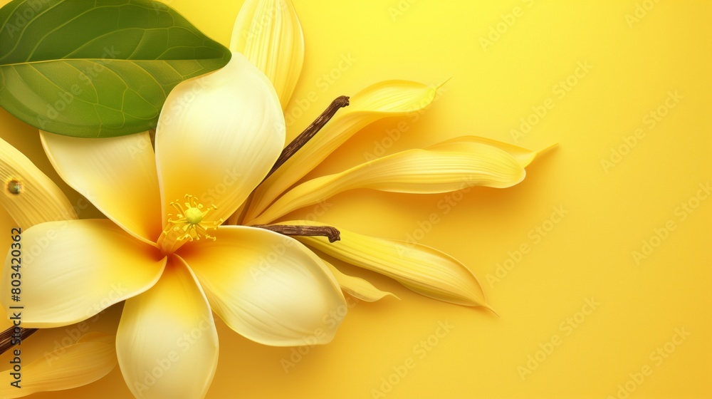 Vivid depiction of a yellow plumeria flower with green leaf on yellow background. Vivid depiction of a yellow plumeria flower with green leaf on yellow background.