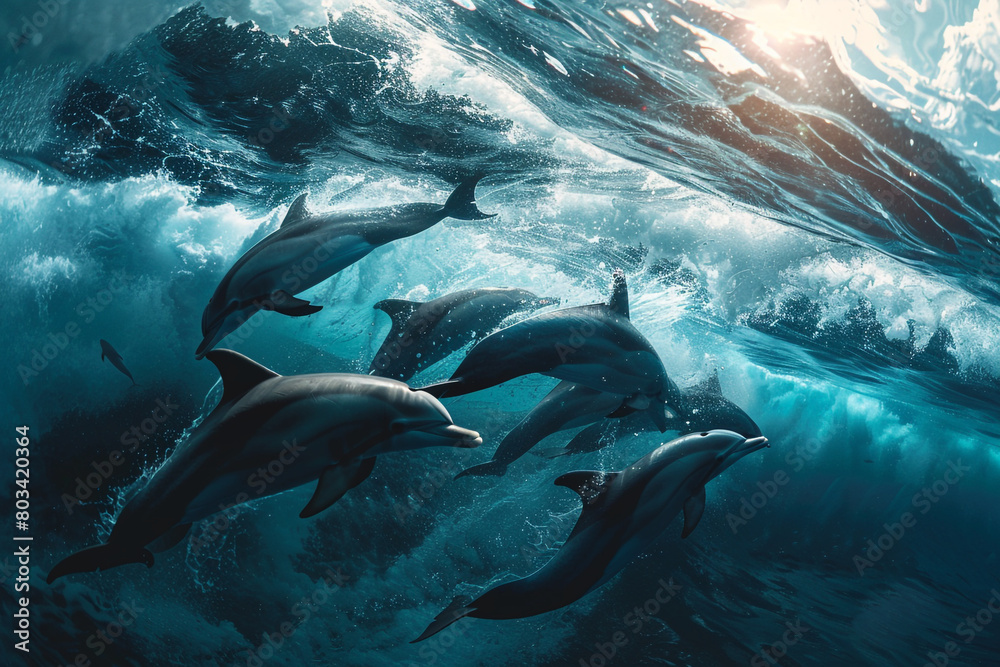 A mesmerizing shot of a pod of dolphins swimming through stormy blue water, with waves crashing above and sunlight breaking through the surface.