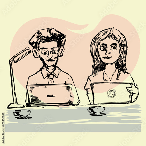 couple people on meeting cartoon hand draw illustration rough pencil drawing style