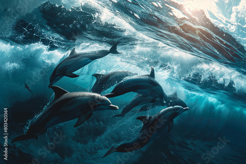A mesmerizing shot of a pod of dolphins swimming through stormy blue water, with waves crashing above and sunlight breaking through the surface.