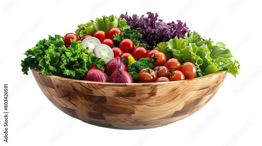 A wooden salad bowl overflowing with fresh vegetables, isolated on transparent background. 