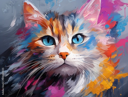Artistic portrayal of a domestic cat's face, captured in colorful oil strokes.