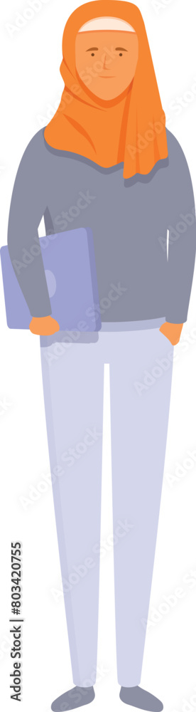 Happy arabian girl with laptop icon cartoon vector. Learning course. Woman in hijab Happy arabian girl with laptop icon cartoon vector. Learning course. Woman in hijab