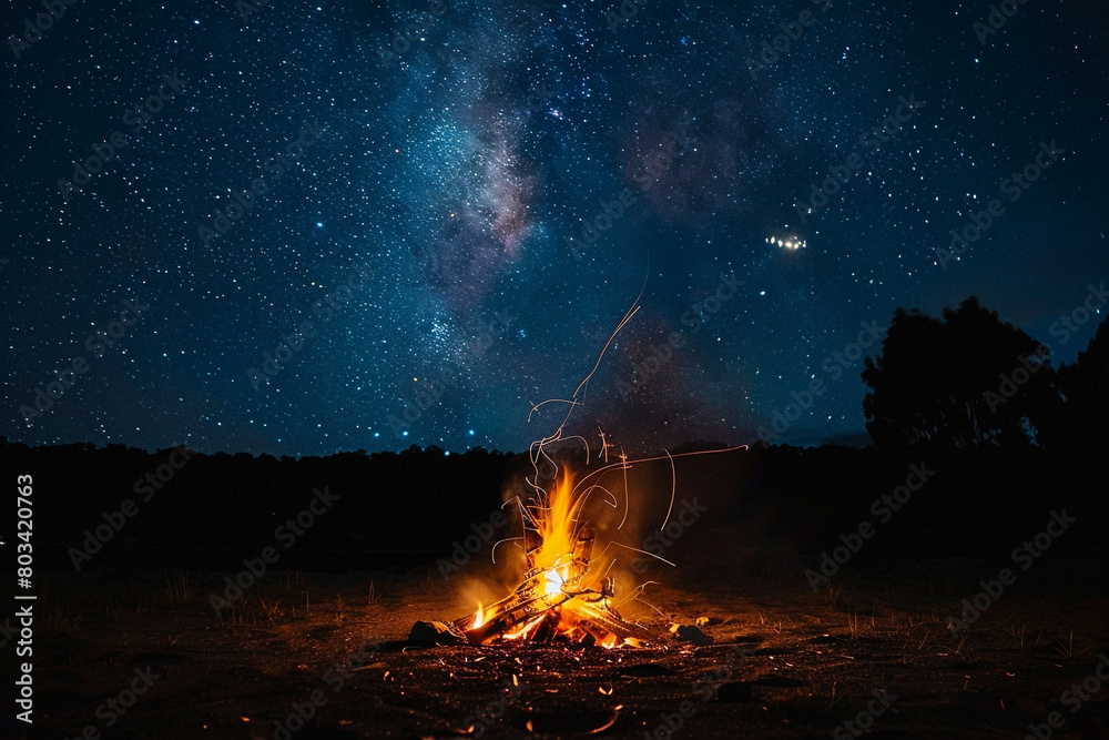A campfire flickers under a starry night sky A campfire flickers under a starry night sky