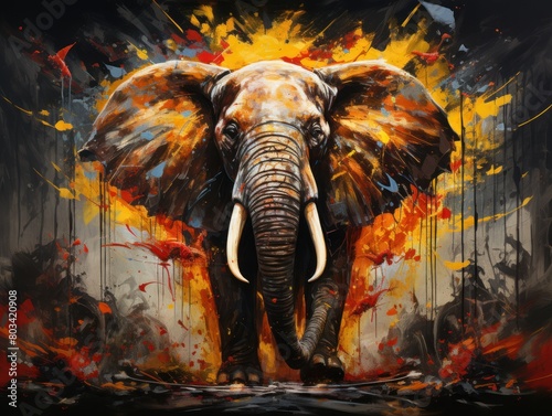 An elephant with tusks stands in front of a fiery backdrop. © Neuraldesign