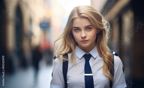 A beautiful young woman in a uniform. Generative AI.