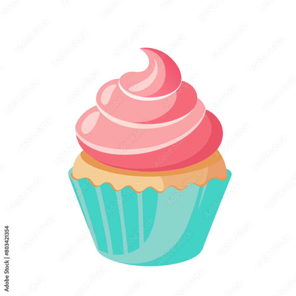 Delicious colorful cupcake with raspberry and cream on top flat simply style Delicious colorful cupcake with raspberry and cream on top flat simply style