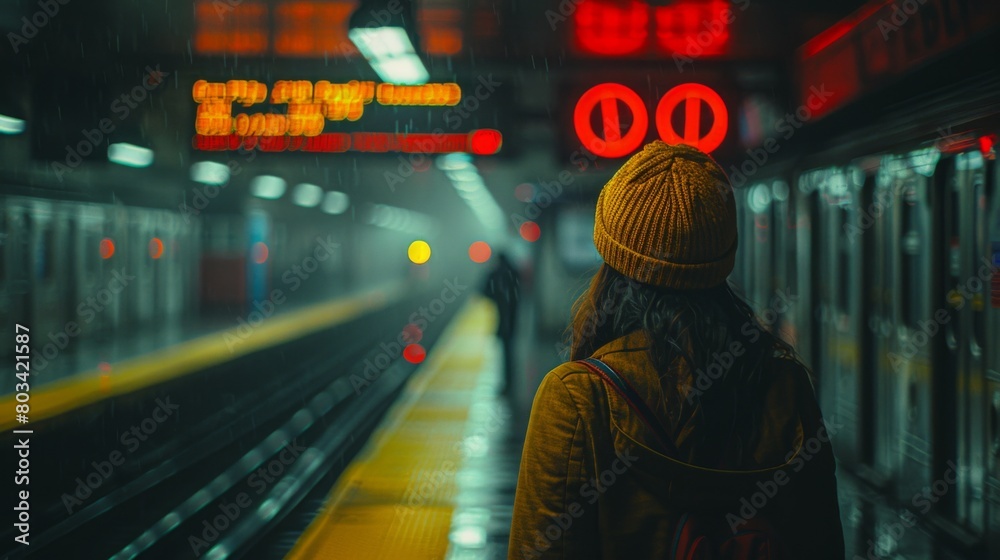 A woman in a yellow hat standing at the train station, AI