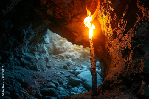 A burning torch illuminates a dark cave © colors