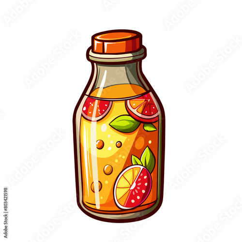 fruit and berry juice in bottle cartoon style on white